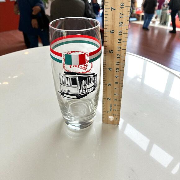 The Old Spaghetti Factory Drinking Glass 6.5" Clear with Logo Colors & Trolley - Picture 6 of 7